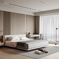 Modern Bedroom Interior With Wooden Panel Walls King Bed Desk Chair And Floor To Ceiling Windows