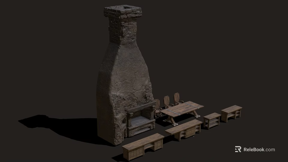 Rustic Entryway Cabinet And Side Cabinet Interior With Wooden Table Chairs And Stone Accent 3d model 
