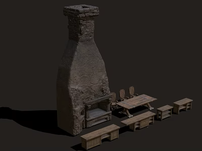 Rustic Entryway Cabinet And Side Cabinet Interior With Wooden Table Chairs And Stone Accent 3d model