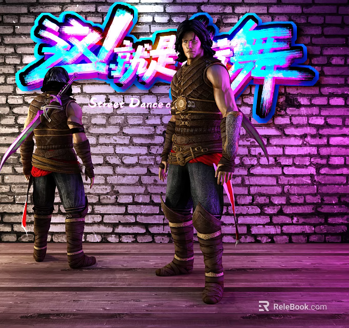 Game Movie Character In Armor Clothing With Dual Swords And Brick Wall Backdrop 3d model 