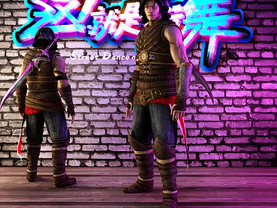Game Movie Character In Armor Clothing With Dual Swords And Brick Wall Backdrop 3d model