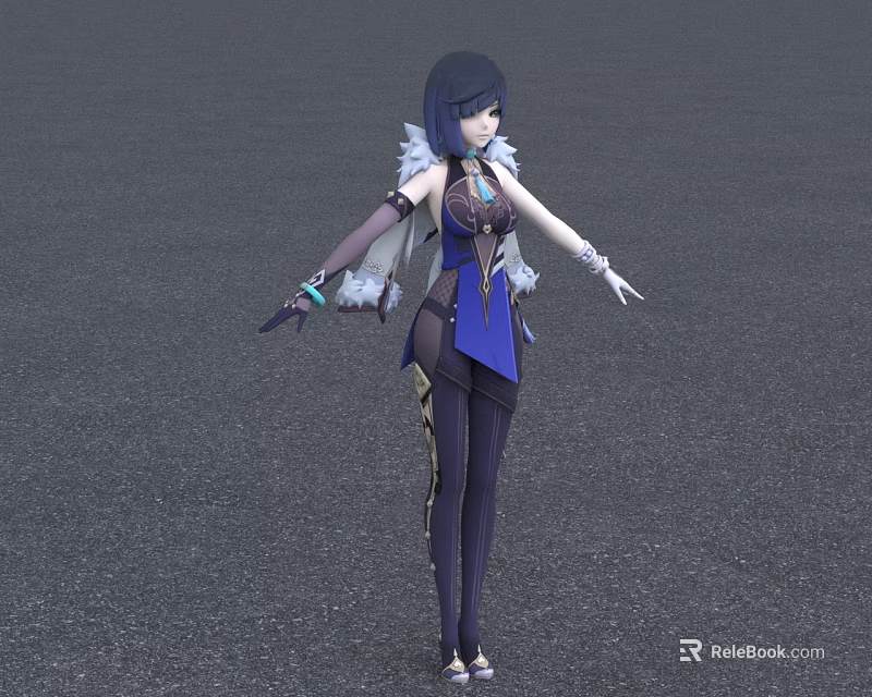 Elegant Game and Movie Character With Black Short Hair Blue Outfit White Shoulder Details Purple Pants 3d model 
