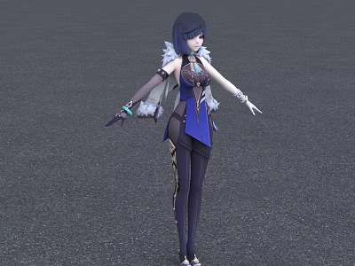 Elegant Game and Movie Character With Black Short Hair Blue Outfit White Shoulder Details Purple Pants 3d model