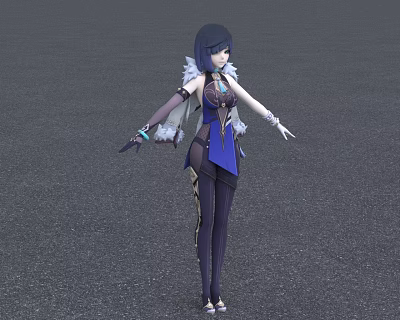 Elegant Game and Movie Character With Black Short Hair Blue Outfit White Shoulder Details Purple Pants 3d model