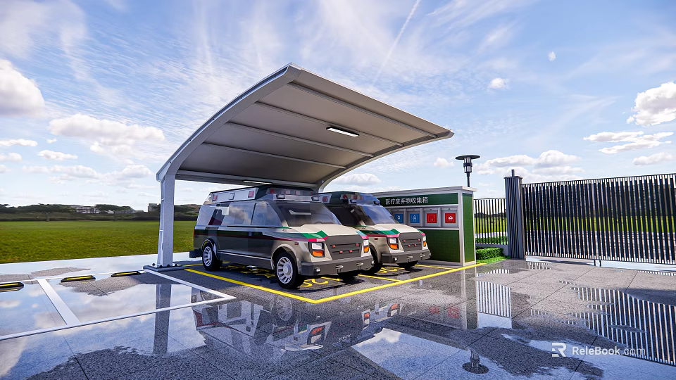 Modern Entrance Facade With White Carport Two Black Vehicles Green Structure And Metal Gate 3d model 