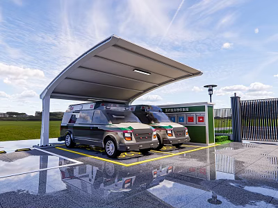 Modern Entrance Facade With White Carport Two Black Vehicles Green Structure And Metal Gate 3d model