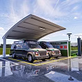 Modern Entrance Facade With White Carport Two Black Vehicles Green Structure And Metal Gate