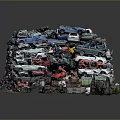 Large Scrap Cars Pile Stacked With Various Colors And Old Auto Parts