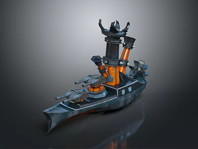 Detailed 3D Military Warship Model With Turrets Smokestack And Orange Accents 3d model