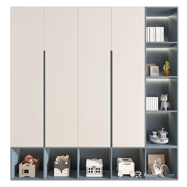 Modern White Wardrobe With Sliding Doors Side Bookshelf Decorative Plants And Ornaments 3d model 