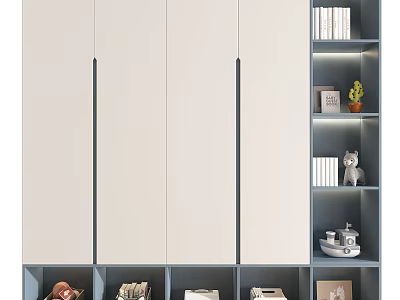Modern White Wardrobe With Sliding Doors Side Bookshelf Decorative Plants And Ornaments 3d model