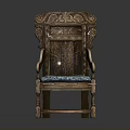 Vintage Wooden Chair With Ornate Carvings And Blue Fabric Cushioned Seat