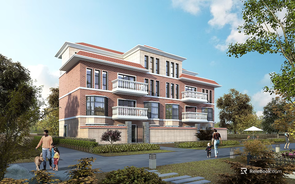 Spacious Detached Villa With Red Brick Exterior Multiple Balconies Lush Trees And Lawns 3d model 