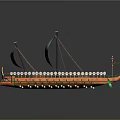 Ancient Wooden Galley Water Vessel With Green Sails Rowing Oars And Curved Bow