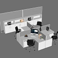 Modern Office Desk Cubicle Setup With Computer Chairs Filing Cabinets And Shelves