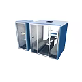 Public Office Space With Blue Private Booths Interior Desks Chairs Sofa And Monitor