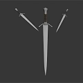 Three Medieval Swords Displayed with Central Long Blade and Side Daggers on Dark Background
