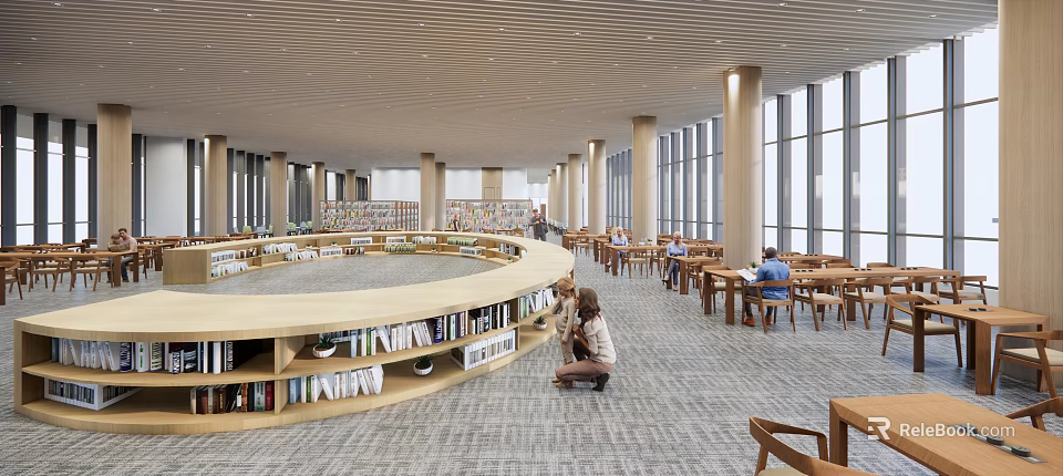 Modern Library Interior With Circular Bookshelves Large Windows Wooden Elements And People Reading 3d model 