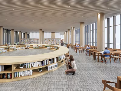 Modern Library Interior With Circular Bookshelves Large Windows Wooden Elements And People Reading 3d model
