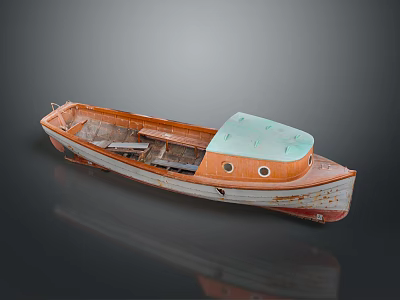 Vintage Wooden Boat Model With Brown Hull Light Green Roof And Dark Background Reflection 3d model