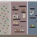 Colorful Perforated Panel Wall Decor With Shelves Clock Plants And Office Supplies