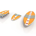 Orange Surfboards With Blue Stripes And Red Diamonds In Three Sizes