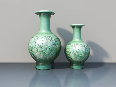 Turquoise Celadon Ceramic Vases with Floral Carved Patterns Large and Small on Reflective Surface 3d model