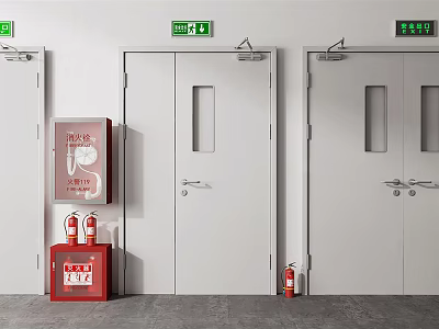 White Fire Doors With Red Fire Extinguishers And Green Emergency Exit Signs 3d model