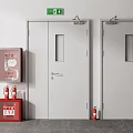 White Fire Doors With Red Fire Extinguishers And Green Emergency Exit Signs 3d model