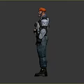 Male Game Movie Character With Red Hair Blue Tactical Outfit Shoulder Armor Backpack Gloves And Boots