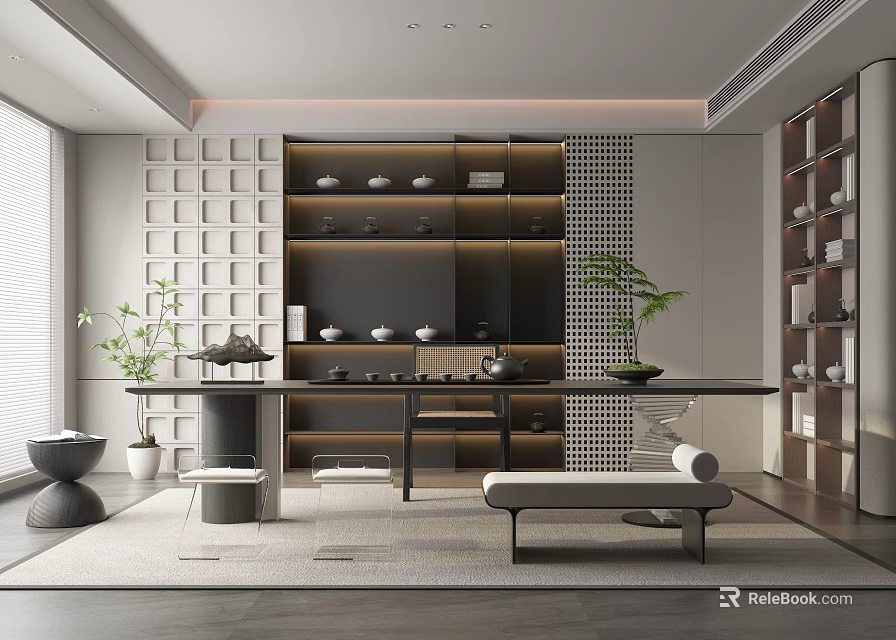 Modern Tea Room Interior With Long Table Tea Sets And Plants 3d model