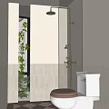 Modern Bathroom With Red Toilet Seat Gold Shower Rod Light Tiles Window And Green Plants