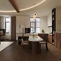 Modern Open Concept Dining and Living Room With Pendant Lights Dining Table and Kitchen Island