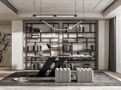 Modern Study Room Interior With Built in Bookshelves Numerous Books Writing Desk And Hanging Pendant Lights 3d model