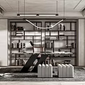 Modern Study Room Interior With Built in Bookshelves Numerous Books Writing Desk And Hanging Pendant Lights