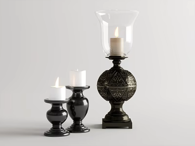 Black Decorative Candle Holders Featuring Glass Shade And Carved Patterns With Burning Candles 3d model