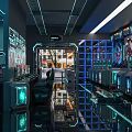 Futuristic Cyber Cafe Interior With Blue Lighting Computer Setups And Bar Counter 3d model