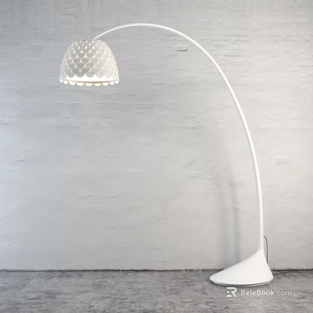 White Arched Floor Lamp with Perforated Patterned Lampshade against Grey Textured Wall Background 3d model 