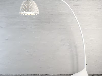 White Arched Floor Lamp with Perforated Patterned Lampshade against Grey Textured Wall Background 3d model