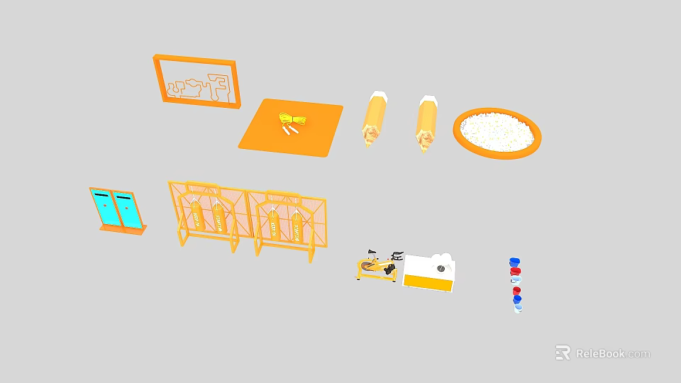 Colorful Sports Training Equipment With Orange Mats Balance Beams Fencing Structures And Sand Trays 3d model 