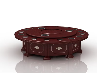Round Dark Red Wooden Dining Table Set With Carved Legs And Cup Holders 3d model