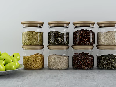 Ceramic Jars Storing Various Grains With Green Pears On Gray Countertop 3d model