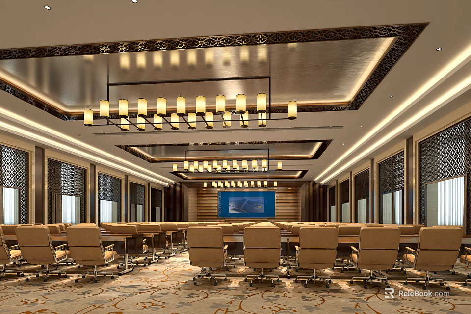 Modern Conference Room Interior With Decorative Ceiling Chandelier Long Table And Comfortable Chairs 3d model 