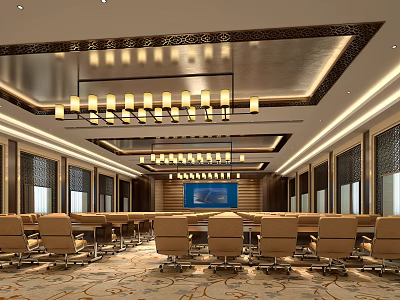Modern Conference Room Interior With Decorative Ceiling Chandelier Long Table And Comfortable Chairs 3d model
