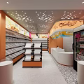 Modern Convenience Store Interior With Orange Walls Patterned Ceiling Shelves And Freezer 3d model