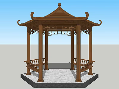 Traditional Chinese Wooden Pavilion With Hexagonal Roof And Carved Bench Seats 3d model