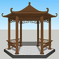 Traditional Chinese Wooden Pavilion With Hexagonal Roof And Carved Bench Seats