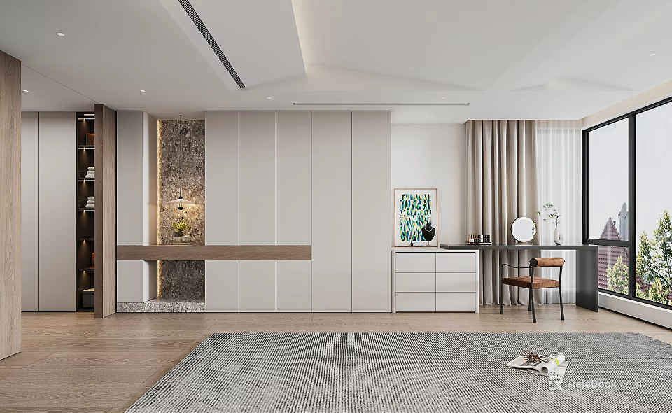 Modern White Wardrobe Design With Integrated Storage And Dressing Table In Bedroom 3d model 