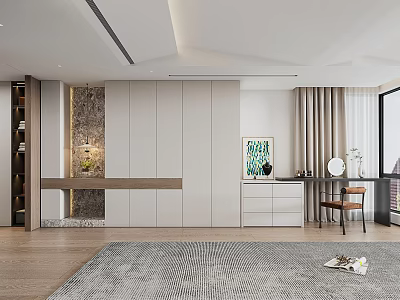 Modern White Wardrobe Design With Integrated Storage And Dressing Table In Bedroom 3d model