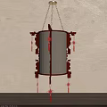 Traditional Chinese Lantern with Red Frame White Shade Tassel Decorations Hanging in Interior Space